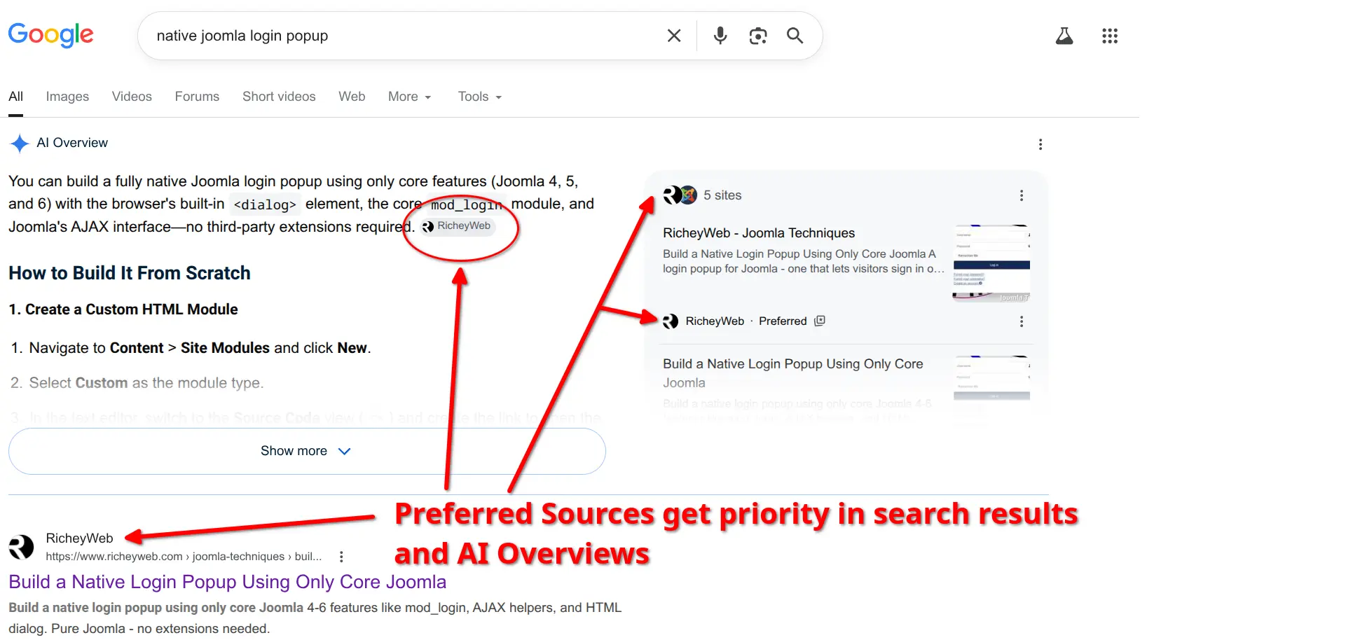 Google Preferred Source Search Results