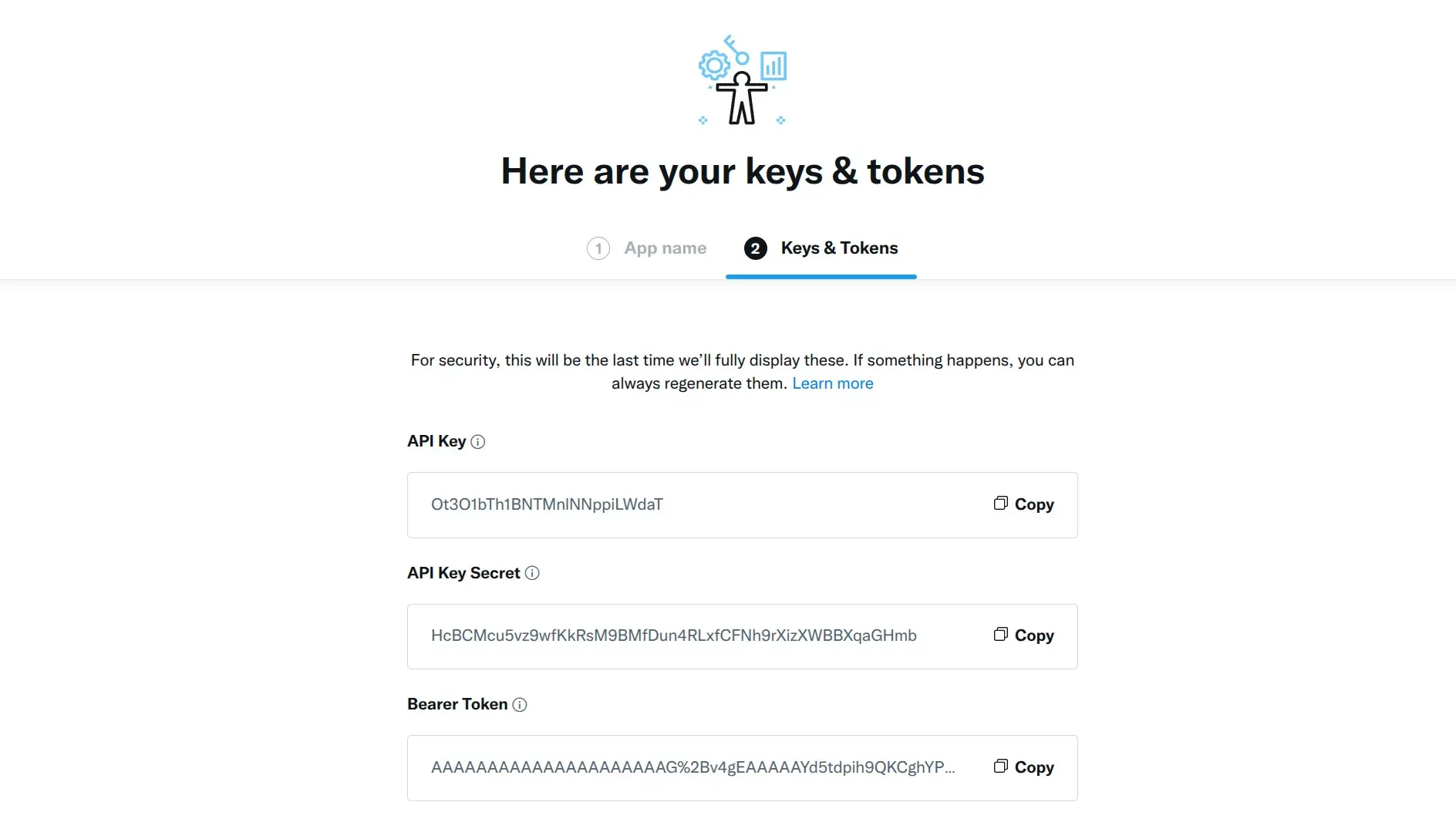 API key, secret, and bearer token